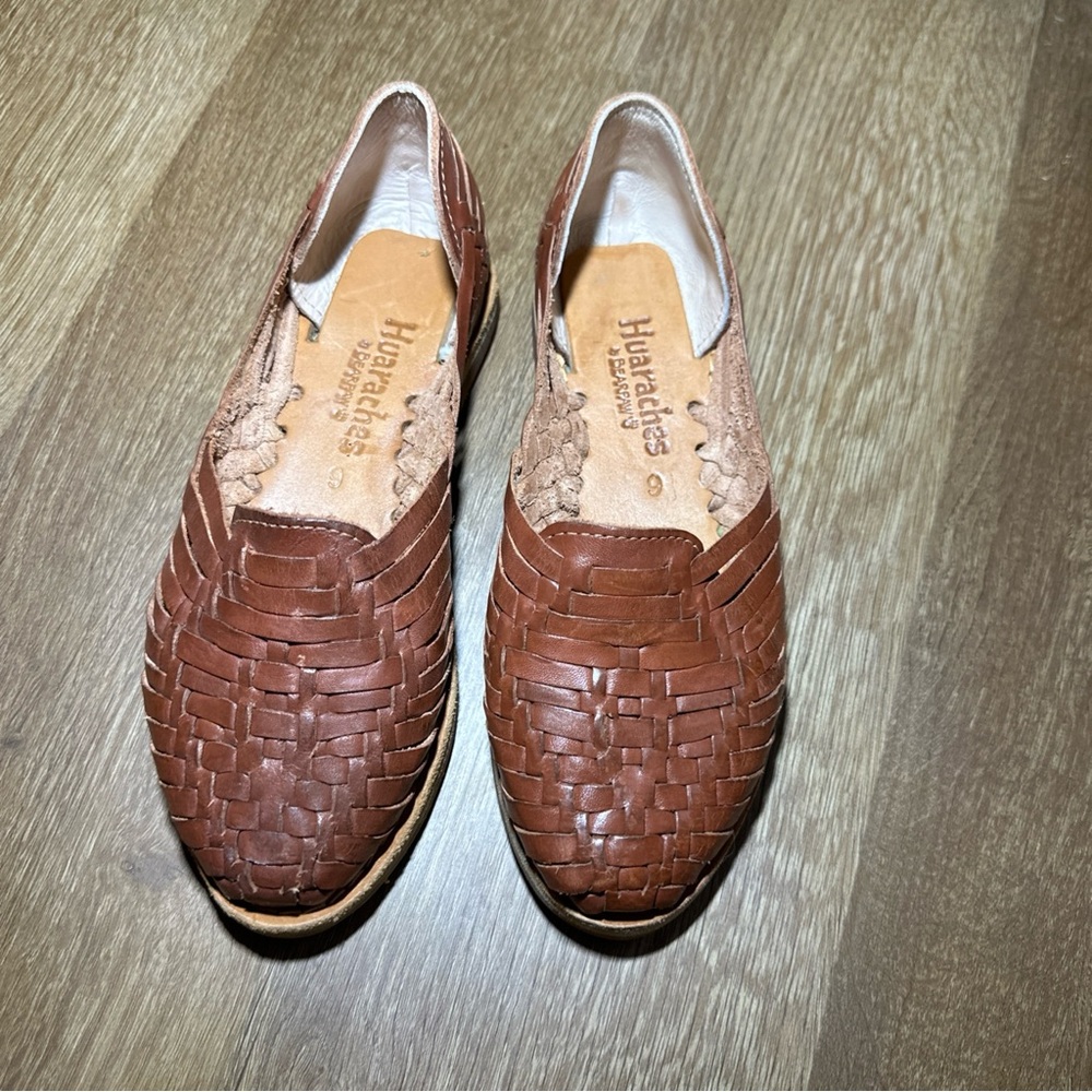 Bearpaw Huaraches Womens 6 Brown Woven Leather Slip On Flats Comfort Boho